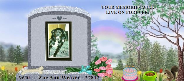 Zoe Ann Weaver's Rainbow Bridge Pet Loss Memorial Residency Image