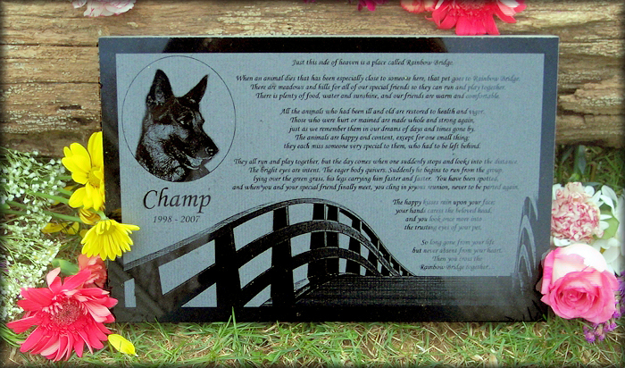 The Rainbow Bridge Poem Photographically Engraved on Absolute Black Granite Headstone