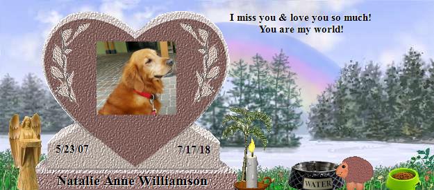Natalie Anne Williamson's Rainbow Bridge Pet Loss Memorial Residency Image