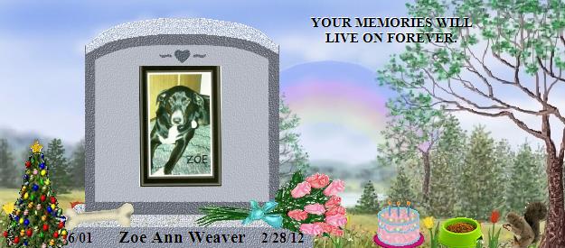 Zoe Ann Weaver's Rainbow Bridge Pet Loss Memorial Residency Image