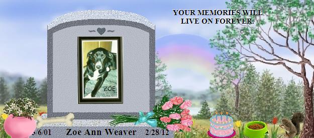 Zoe Ann Weaver's Rainbow Bridge Pet Loss Memorial Residency Image